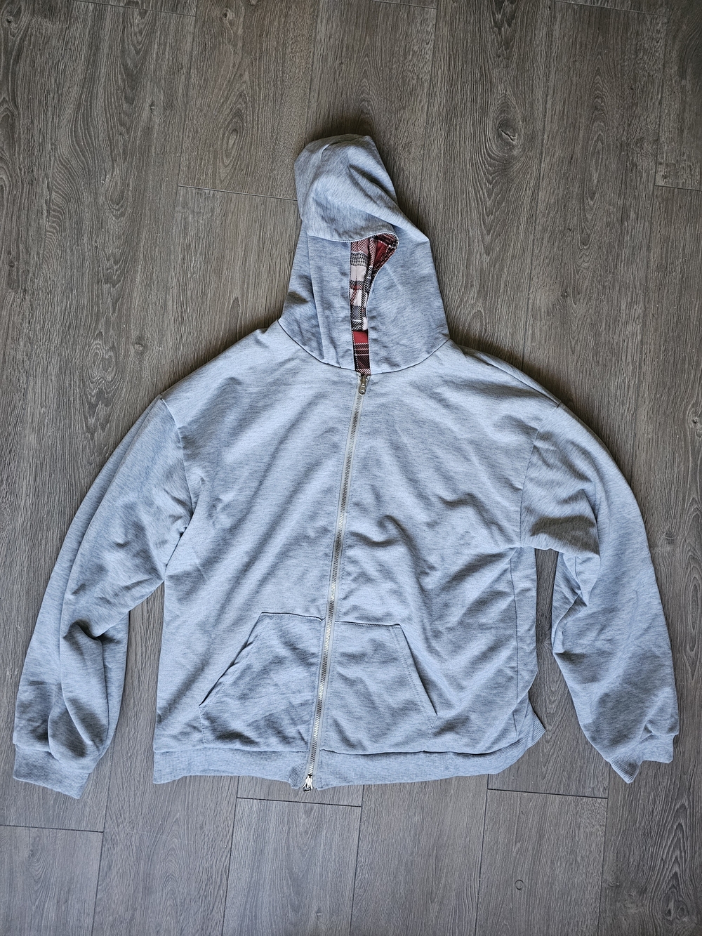 Gray Full-Zip Hooded Reversable Grey And Red Plaid Light Weight Jacket